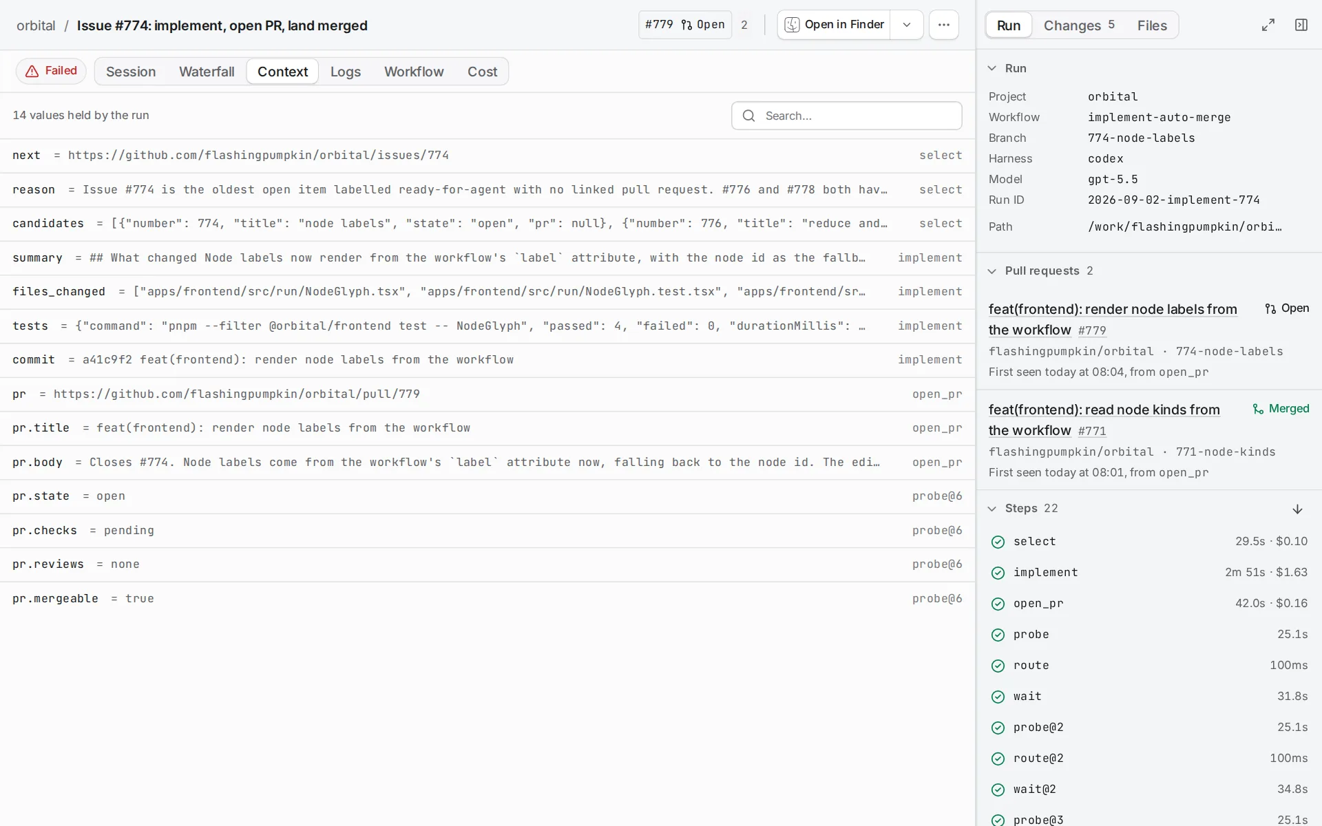 The run page's Context tab lists fourteen values held by the run, such as next, summary, pr and github.pr.state, each with the step that set it on the right.