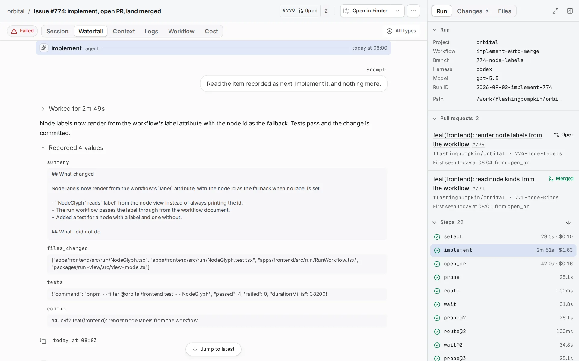 A run page with an agent step selected, showing the step's prompt, the agent's answer and the values it recorded, with run facts, pull requests and the list of steps on the right.