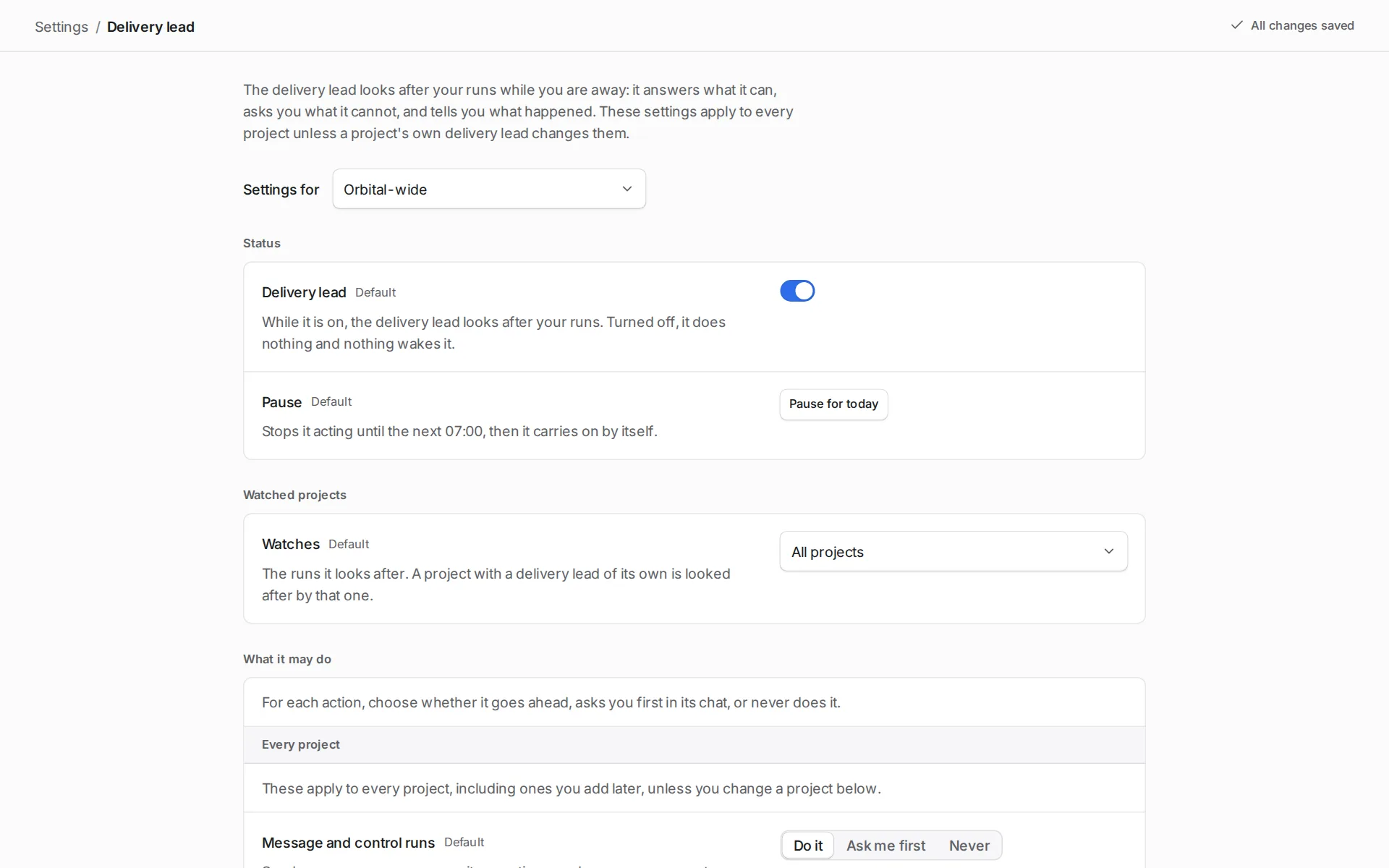 Settings, Delivery lead, shows its status and pause control, the watched projects, and what it may do.