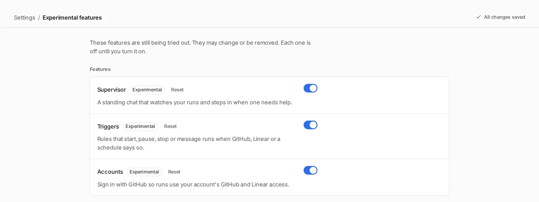 Settings, Experimental features, shows switches for Delivery lead, Triggers and Accounts.