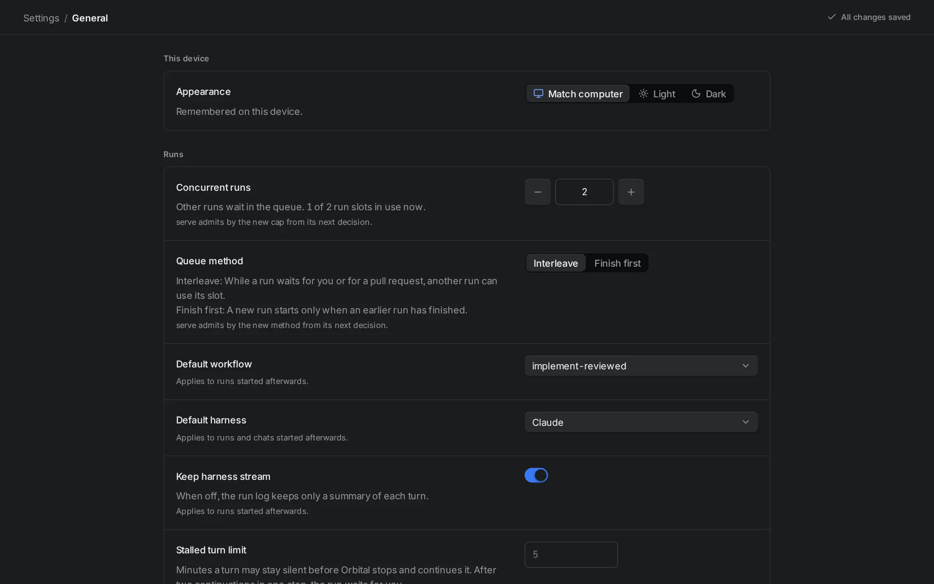 Settings, General page with Appearance set to match the computer, light or dark, followed by concurrent runs, default workflow, default harness, stalled turn limit and open worktrees in.