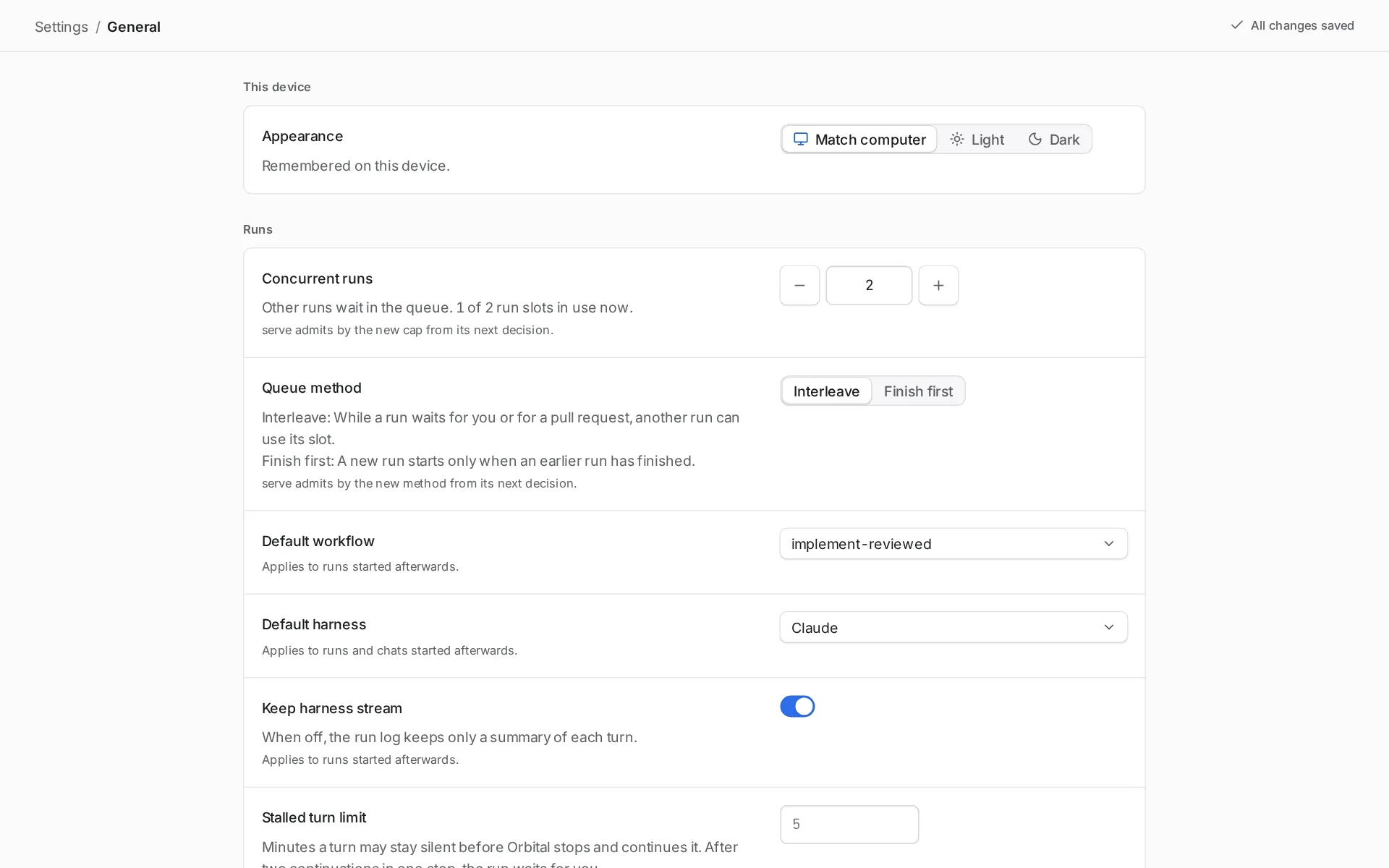 Settings, General page with Appearance set to match the computer, light or dark, followed by concurrent runs, default workflow, default harness, stalled turn limit and open worktrees in.