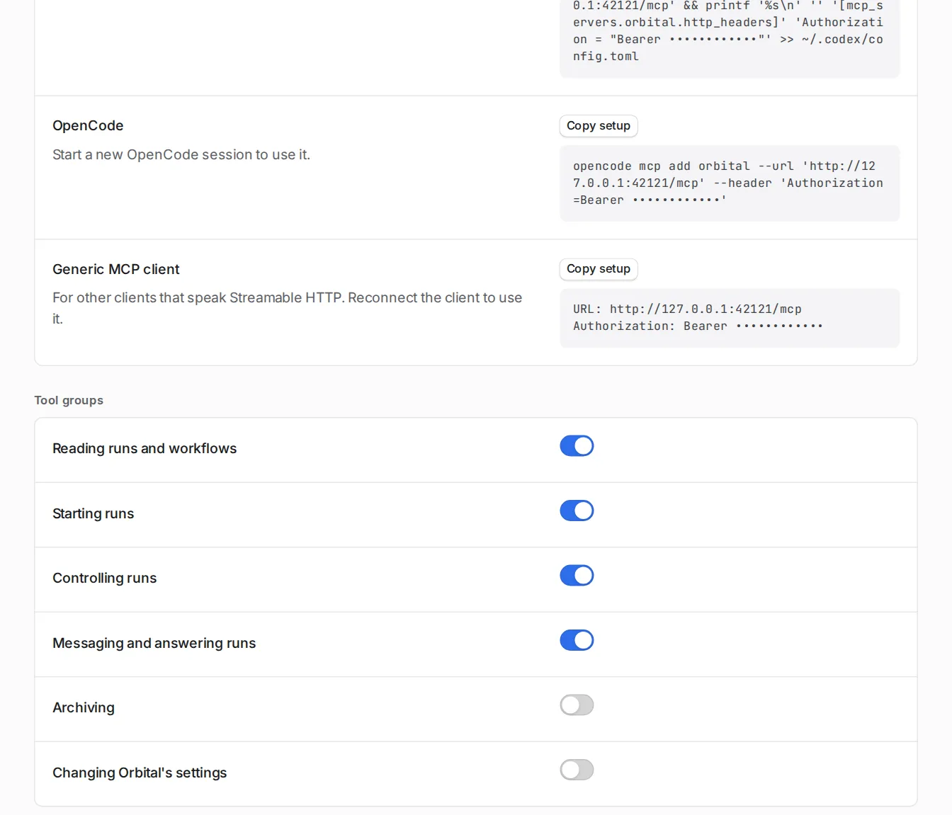 Settings, MCP page showing a switch for each tool group: reading runs and workflows, starting runs, controlling runs, messaging and answering runs, archiving, and changing Orbital's settings.