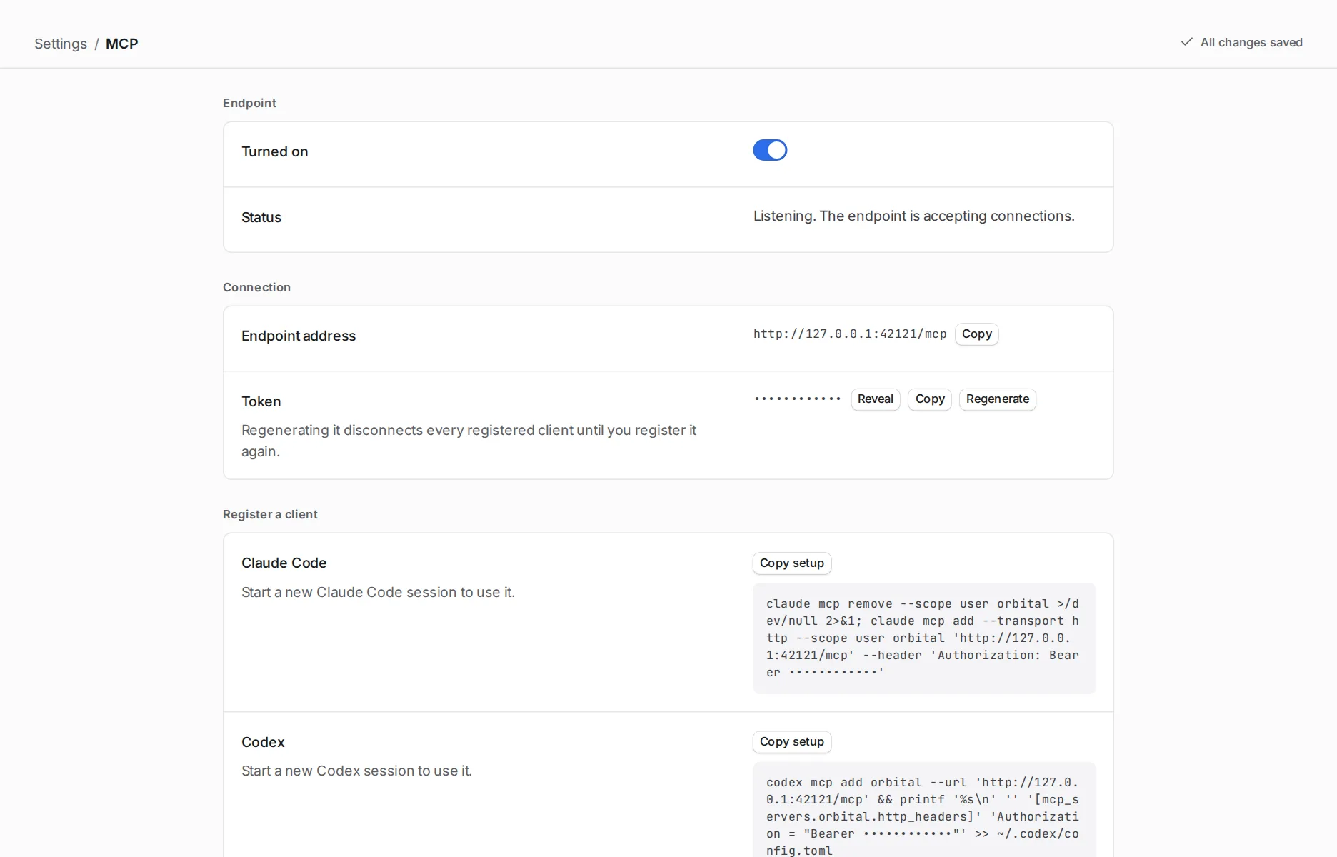 Settings, MCP page with the endpoint turned on, its status Listening, the endpoint address and the token.