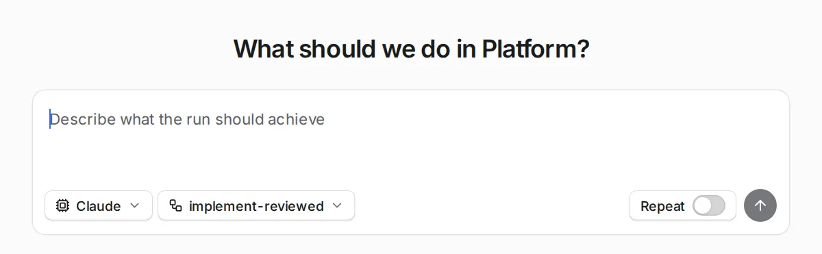The Start page asking what to do in a project, with the goal box, the preset picker, the workflow picker and the Chat and Workflow switch.
