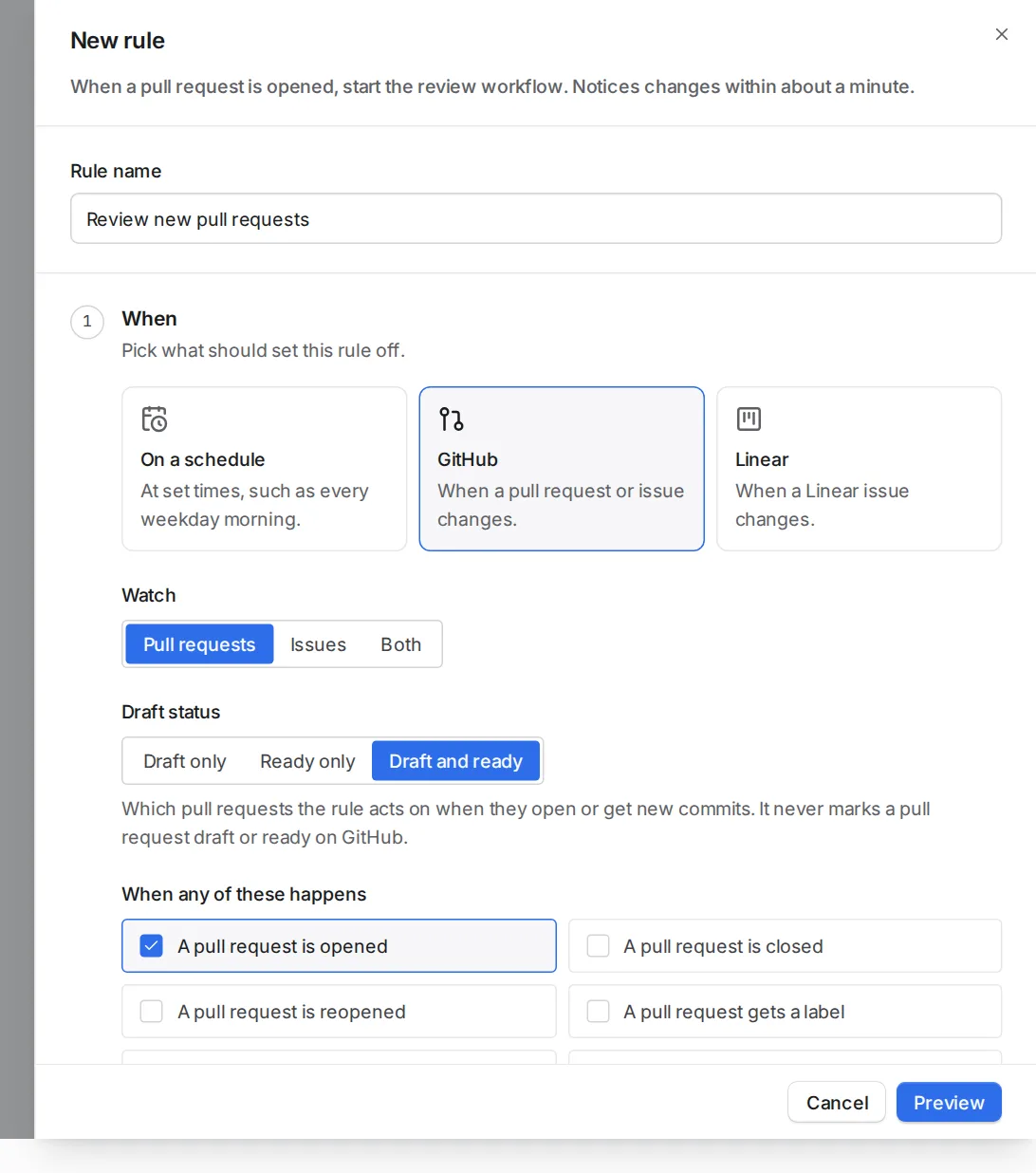 The New rule dialog set to GitHub pull requests, with the event 'A pull request is opened' chosen.
