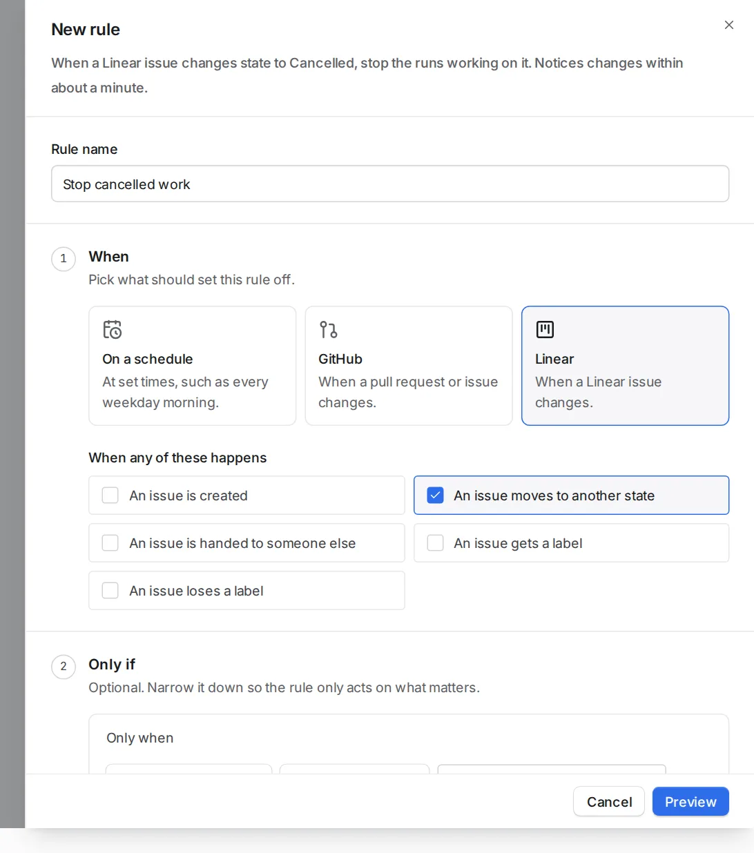 The New rule dialog set to Linear, with the event 'An issue moves to another state' chosen.