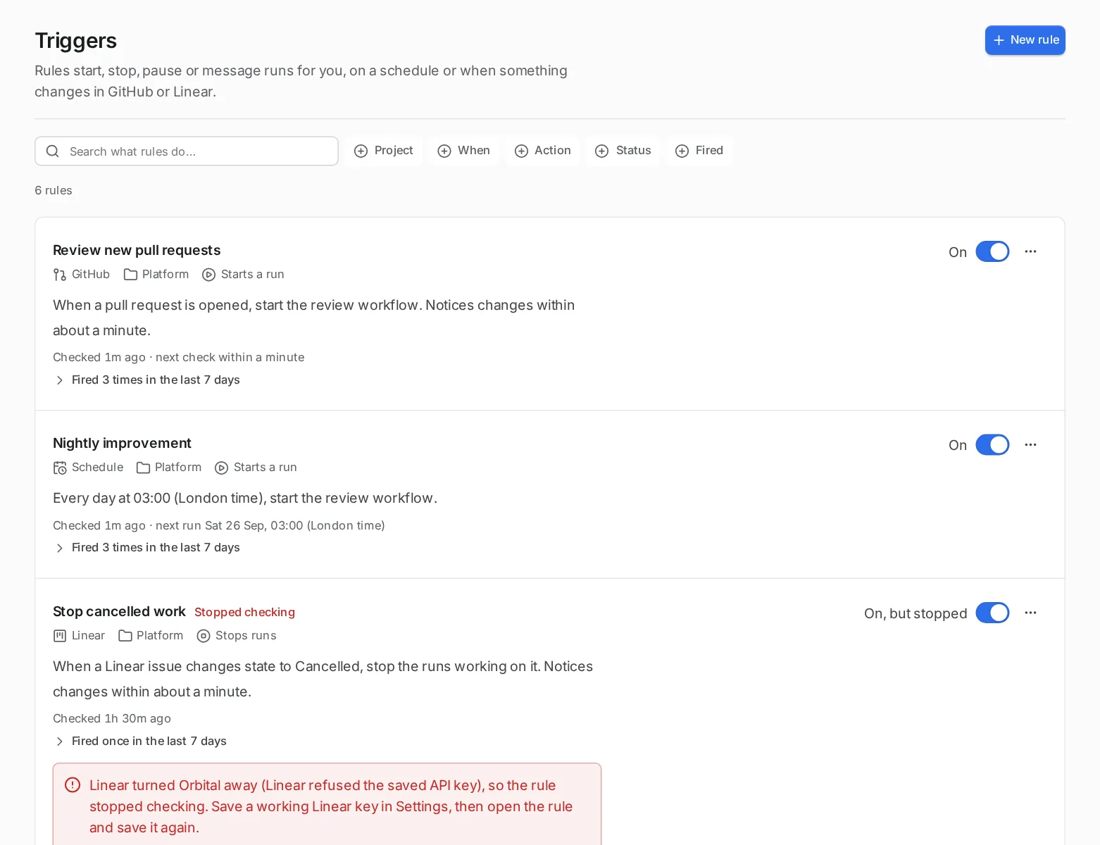 The Triggers page listing rules with their source, an on or off switch, what each does and its recent firings, with an error shown on one rule.
