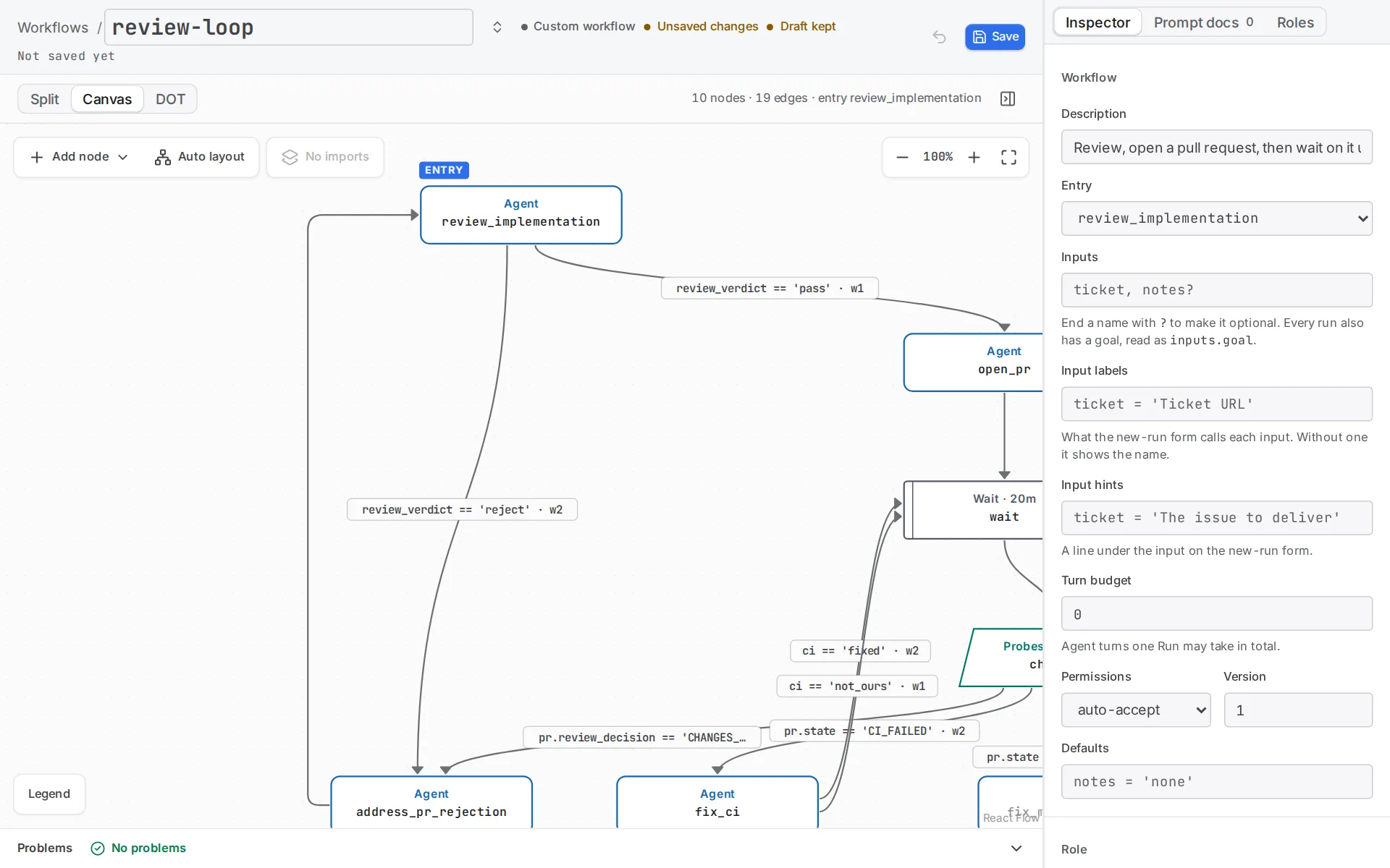 The workflow editor shows a pull-request workflow in which arrows labelled with conditions such as review_verdict == 'reject' lead from later steps back to earlier ones.