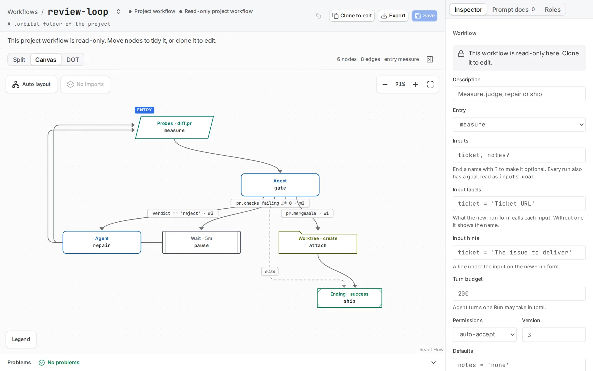 The workflow editor shows a project workflow as steps joined by arrows on a canvas, with the Inspector panel on the right and a Problems bar reading No problems at the bottom.